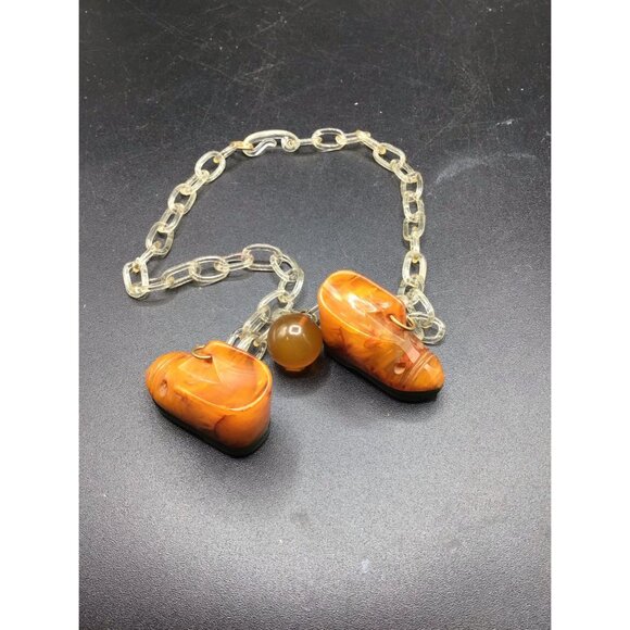 Vintage Bakelite Shoes Charms Necklace Celluloid Chain Link with Shoes and Ball - Picture 3 of 7